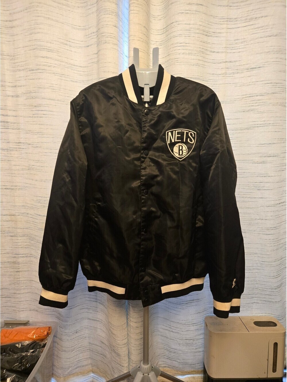 Starter Brooklyn Nets Jacket Men's XL Black Satin Varsity Full Snap NBA